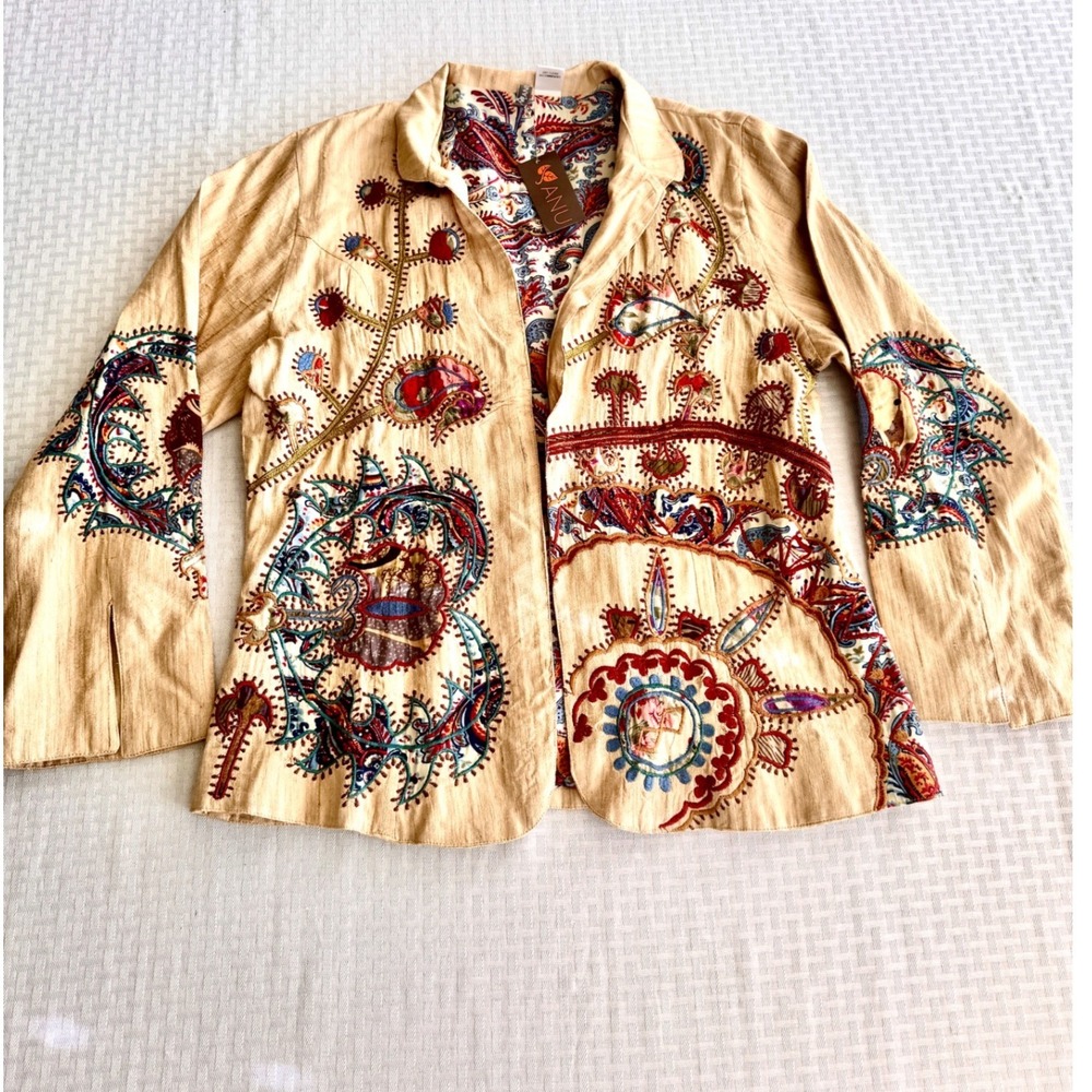 ANU Embroidered Silk Jacket Tan Boho Art to Wear Paisley Lined L Blazer Womens